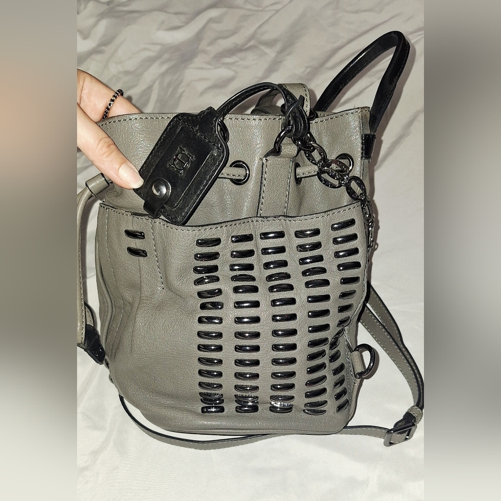 Joy Gryson Grey Leather Bucket Bag With Gunmetal Detailing